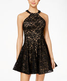 B Darlin Juniors' Allover-Lace Halter- Neck Fit & Flare Dress