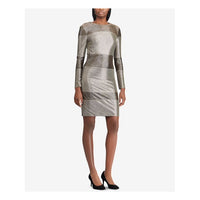 Ralph Lauren Womens Gold Sequined Striped Long Sleeve Jewel Neck Above The Knee Sheath Party Dress